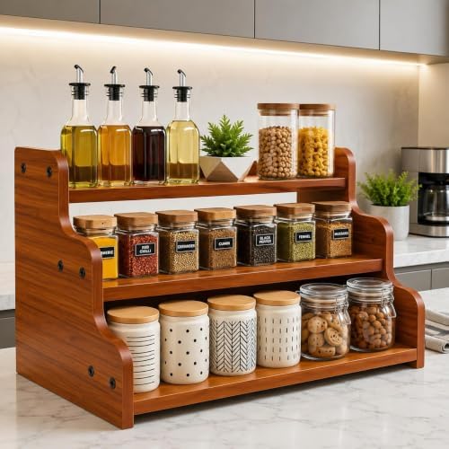 Woodpoint3, Wooden 3-Tier Spice Rack Organizer Countertop Step Shelf, For Kitchen Pantry Cabinets, Seasoning Jars, Baking Supplies