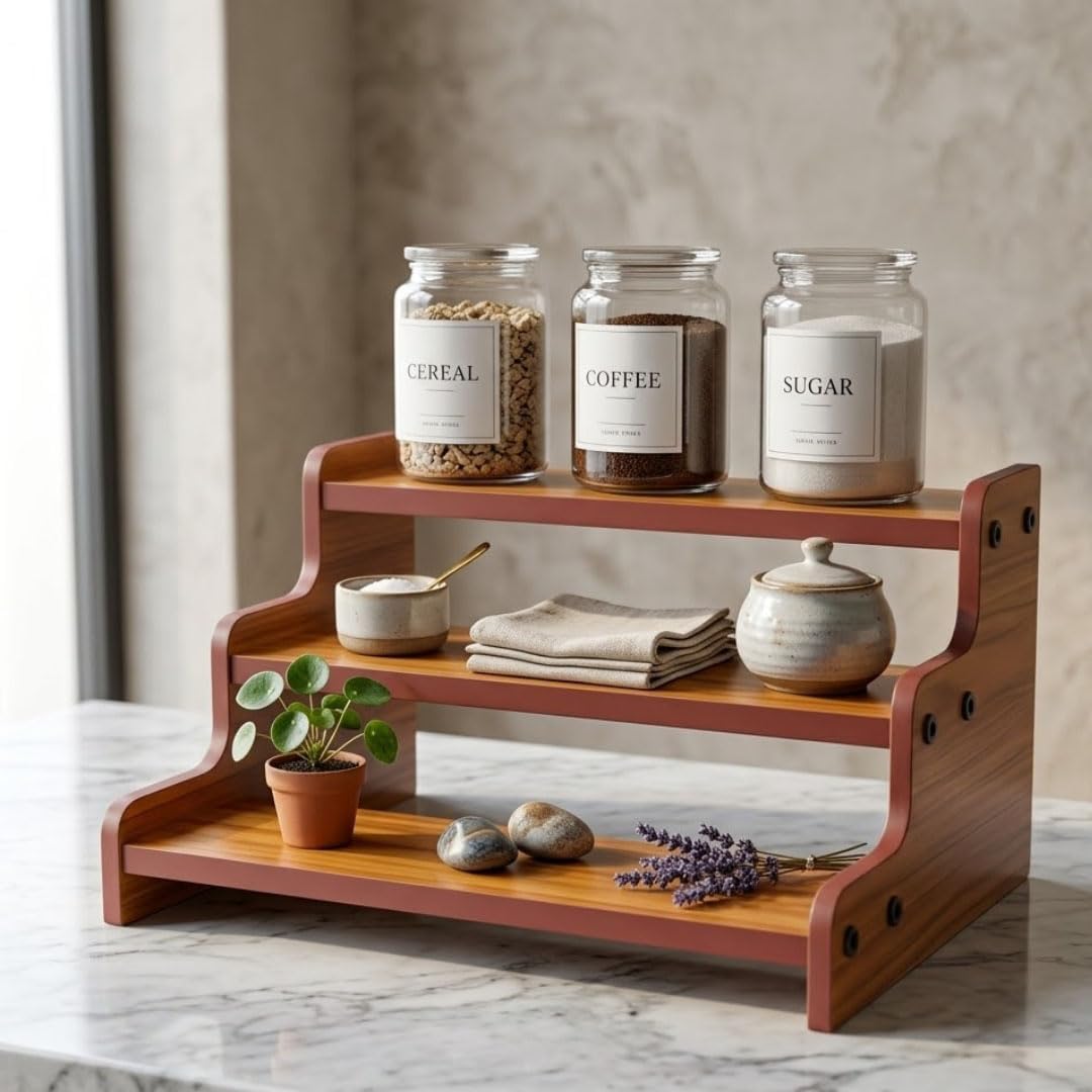 Woodpoint3, Wooden 3-Tier Spice Rack Organizer Countertop Step Shelf, For Kitchen Pantry Cabinets, Seasoning Jars, Baking Supplies