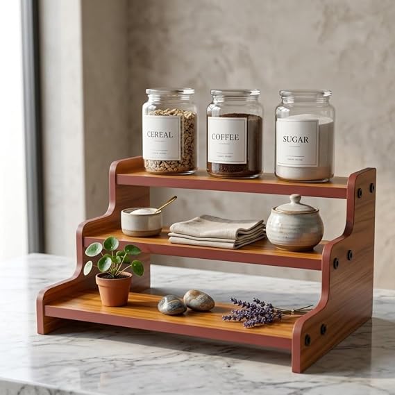 Woodpoint3, Wooden 3-Tier Spice Rack Organizer Countertop Step Shelf, For Kitchen Pantry Cabinets, Seasoning Jars, Baking Supplies