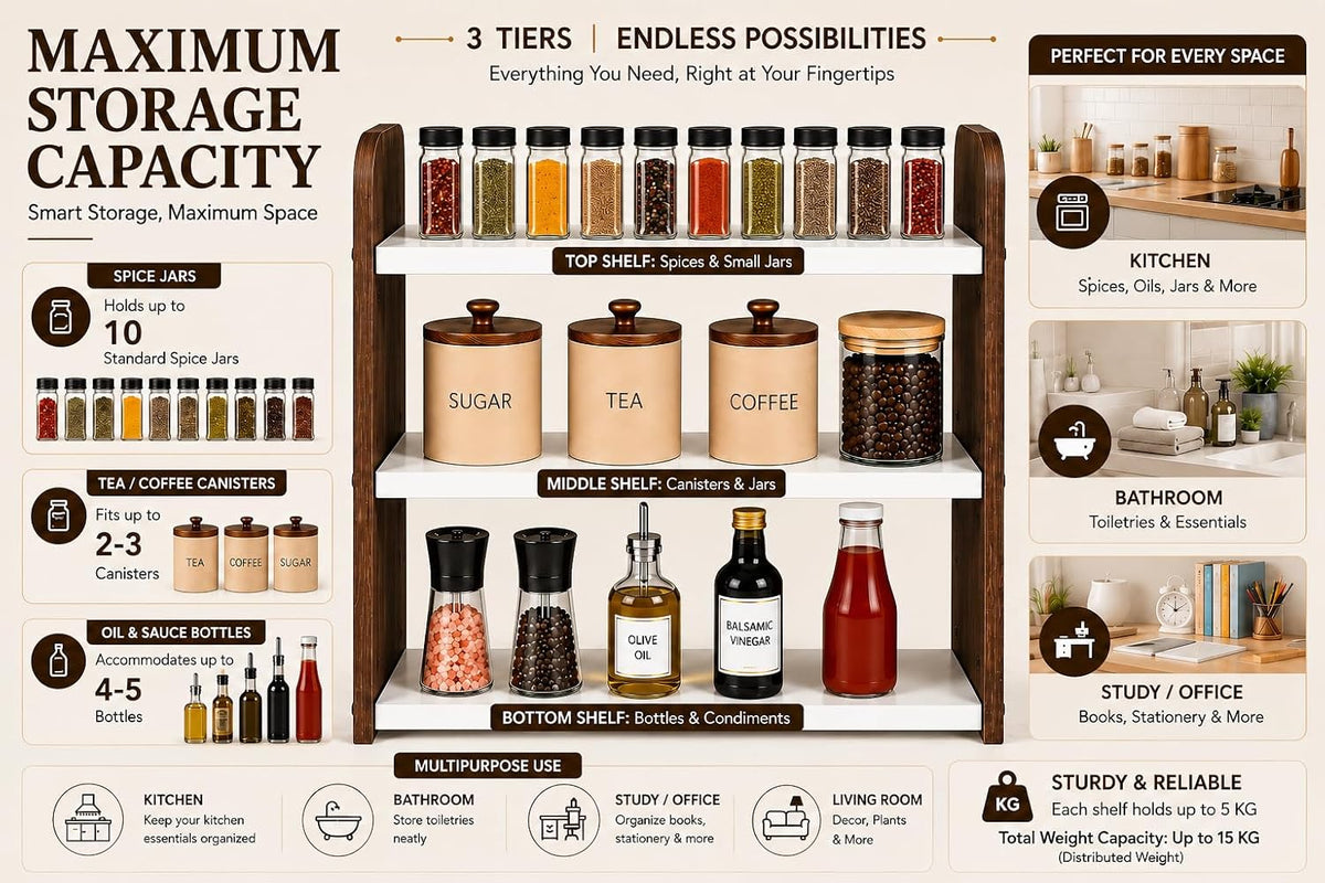 Woodpoint3,3 Tier Kitchen Organizer Rack for Countertop, Engineered Wood Spice Rack Shelf, Countertop Storage Organizer, Space Saving Kitchen Shelf, Easy Assembly(White & Brown)