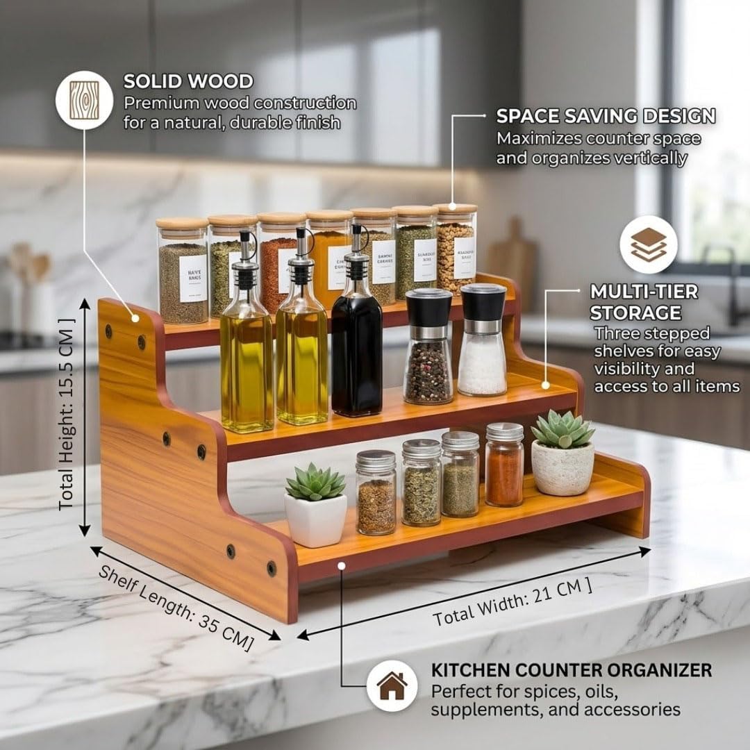 Woodpoint3, Wooden 3-Tier Spice Rack Organizer Countertop Step Shelf, For Kitchen Pantry Cabinets, Seasoning Jars, Baking Supplies