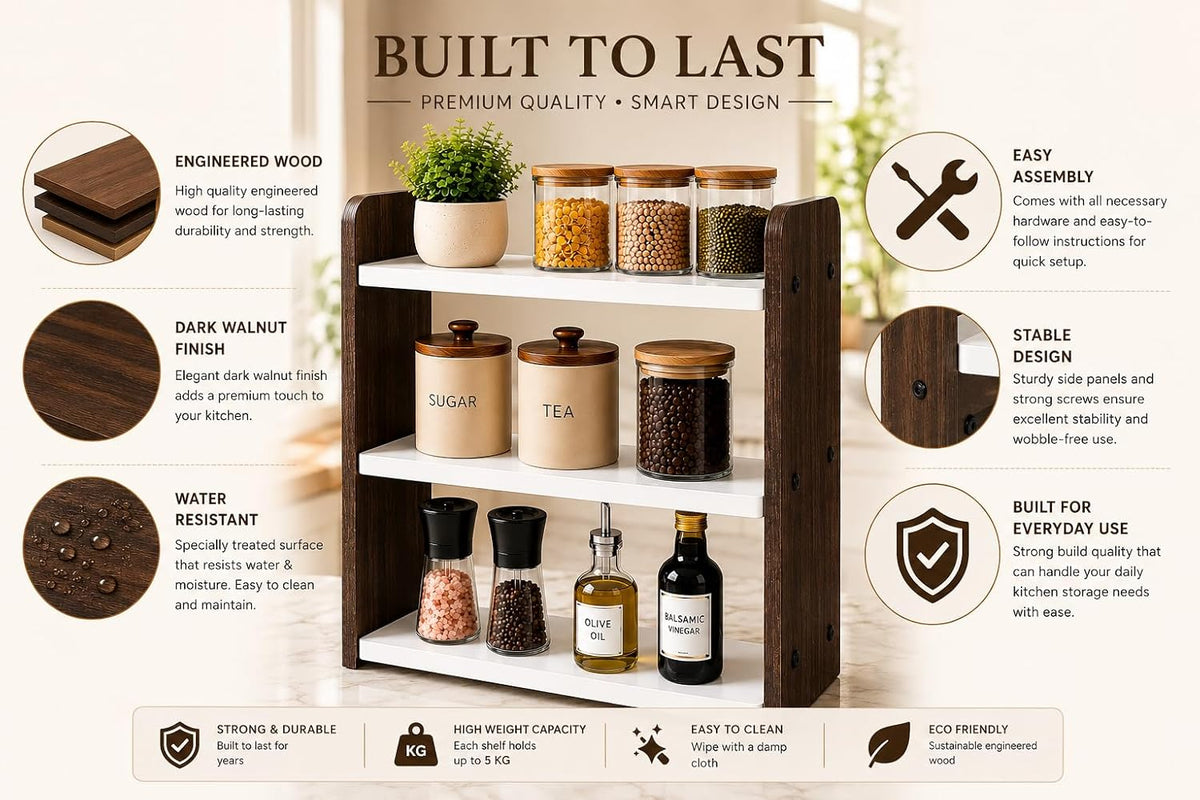 Woodpoint3,3 Tier Kitchen Organizer Rack for Countertop, Engineered Wood Spice Rack Shelf, Countertop Storage Organizer, Space Saving Kitchen Shelf, Easy Assembly(White & Brown)