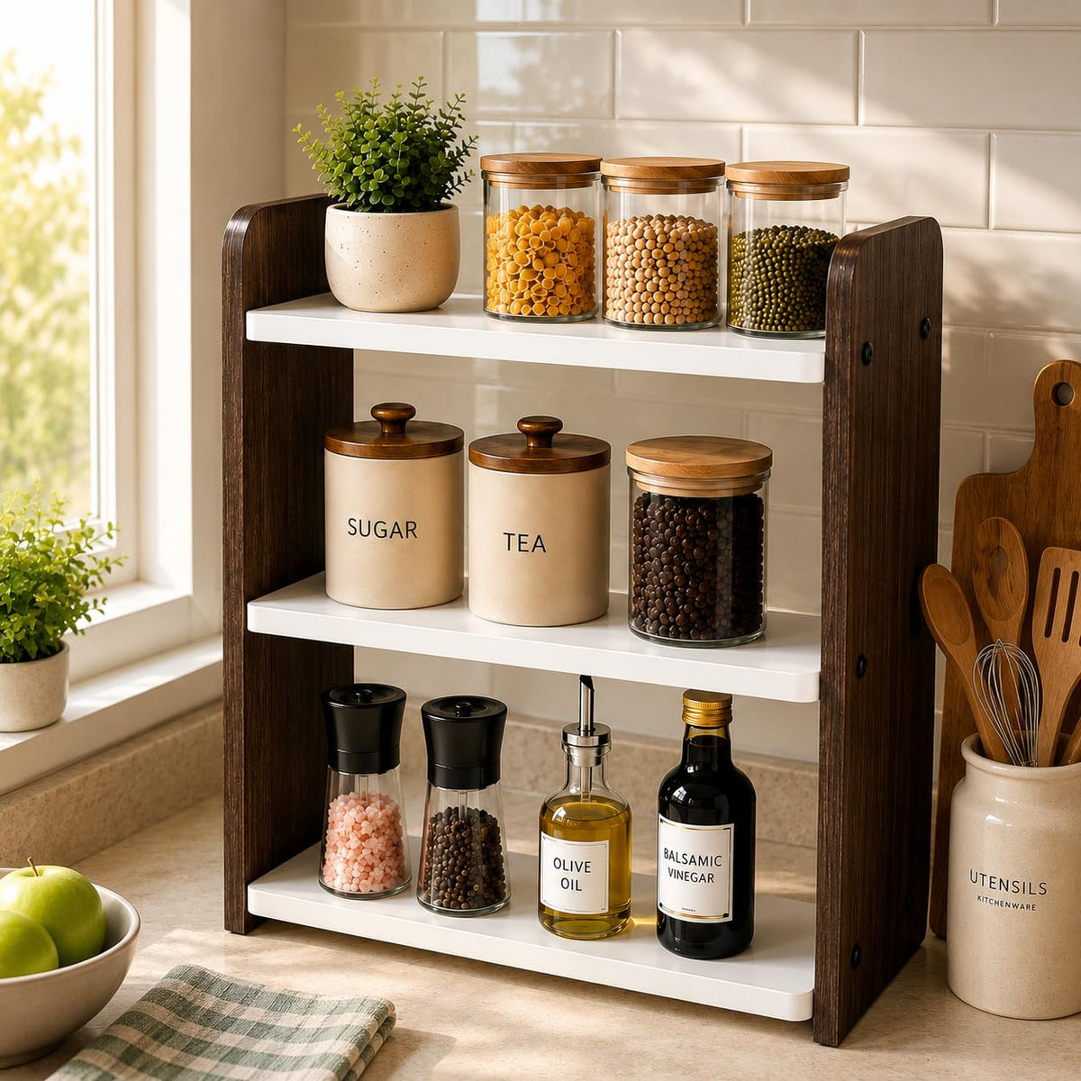 Woodpoint3,3 Tier Kitchen Organizer Rack for Countertop, Engineered Wood Spice Rack Shelf, Countertop Storage Organizer, Space Saving Kitchen Shelf, Easy Assembly(White & Brown)