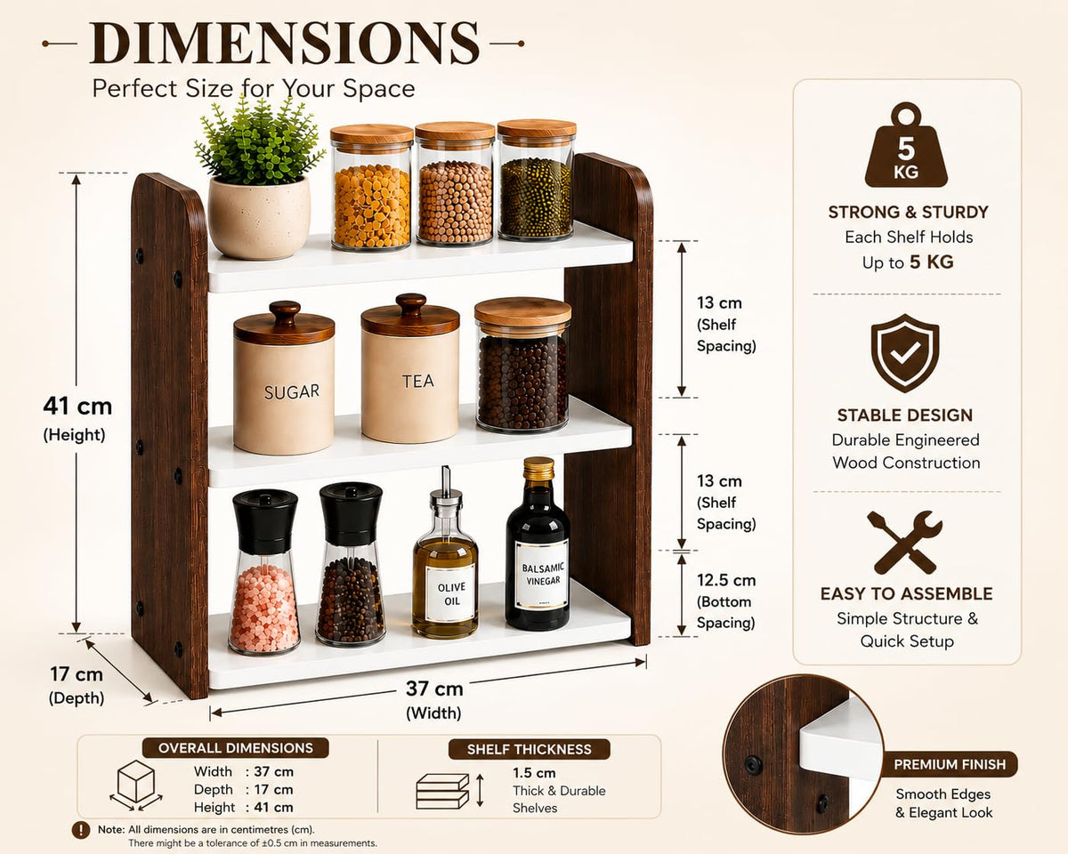 Woodpoint3,3 Tier Kitchen Organizer Rack for Countertop, Engineered Wood Spice Rack Shelf, Countertop Storage Organizer, Space Saving Kitchen Shelf, Easy Assembly(White & Brown)
