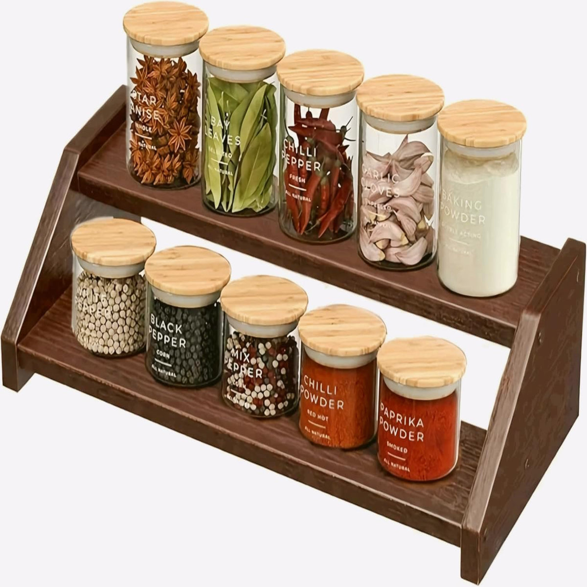 Woodpoint3, Engineered Wood Spice Rack Kitchen Organizer Rack – 2-Tier Handmade Masala Rack for Kitchen Countertop Spice Holder for Jars, Condiments & Seasonings Space-Saving Kitchen Organizer (Brown)
