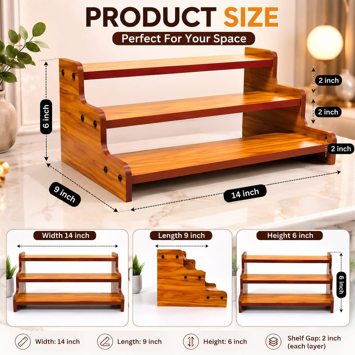 Woodpoint3, Wooden 3-Tier Spice Rack Organizer Countertop Step Shelf, For Kitchen Pantry Cabinets, Seasoning Jars, Baking Supplies