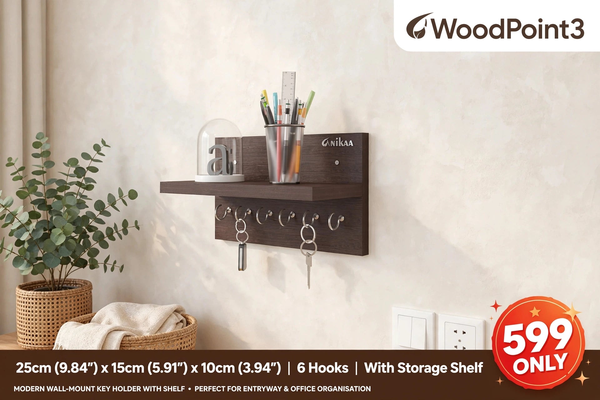 Woodpoint3,keychain holder, Entryway Hallway shelf with 5 knobs for keychain hanging