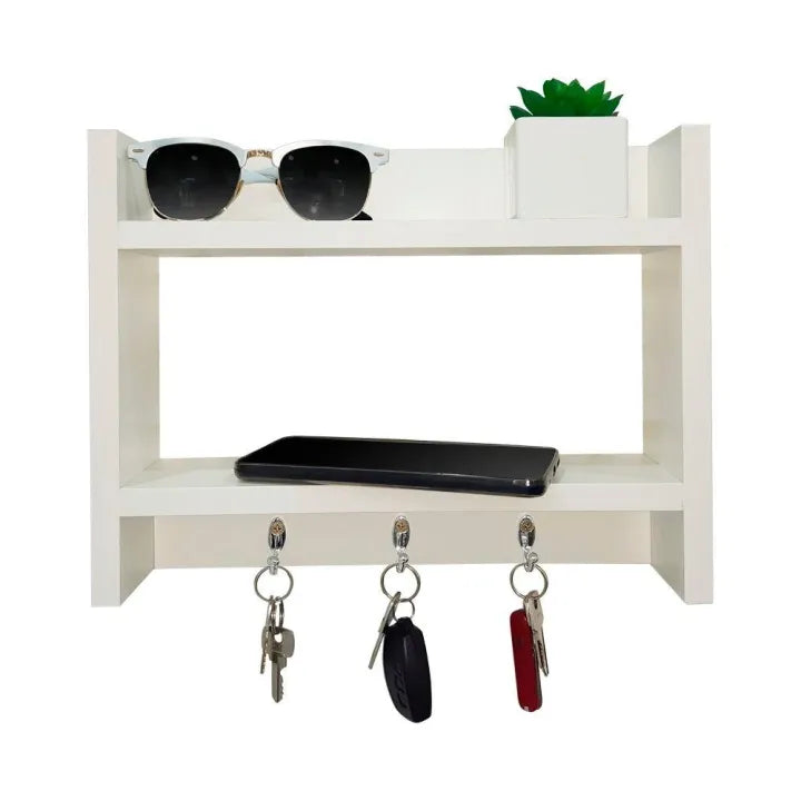 Woodpoint3, Wall mounted keychain holder,  with shelves for wallet, glasses and decoration figurines