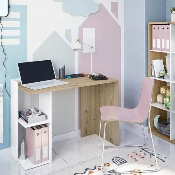 Woodpoint3, White and Oak Small Compact Computer Desk with Storage