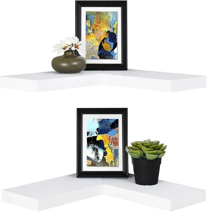 Woodpoint3, Floating Corner Shelf Set of 2, White Wall Mounted Display Woodpoint3, Shelf with Concealed Hardware for Bedroom, Kids Room, Living Room, Bathroom and Kitchen