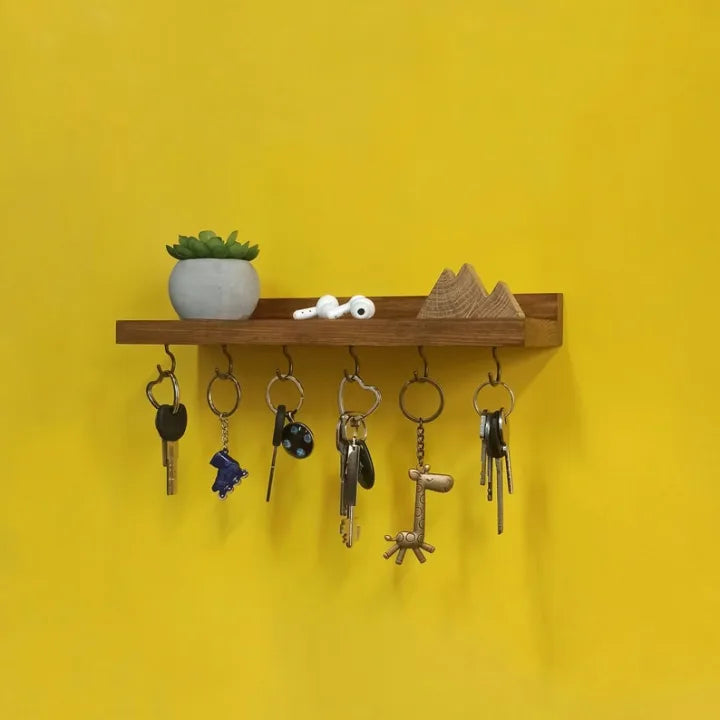 Woodpont3, Floating Wooden Shelf with Key Hooks | Wall Key Holder | Entryway Shelf | Housewaming gift
