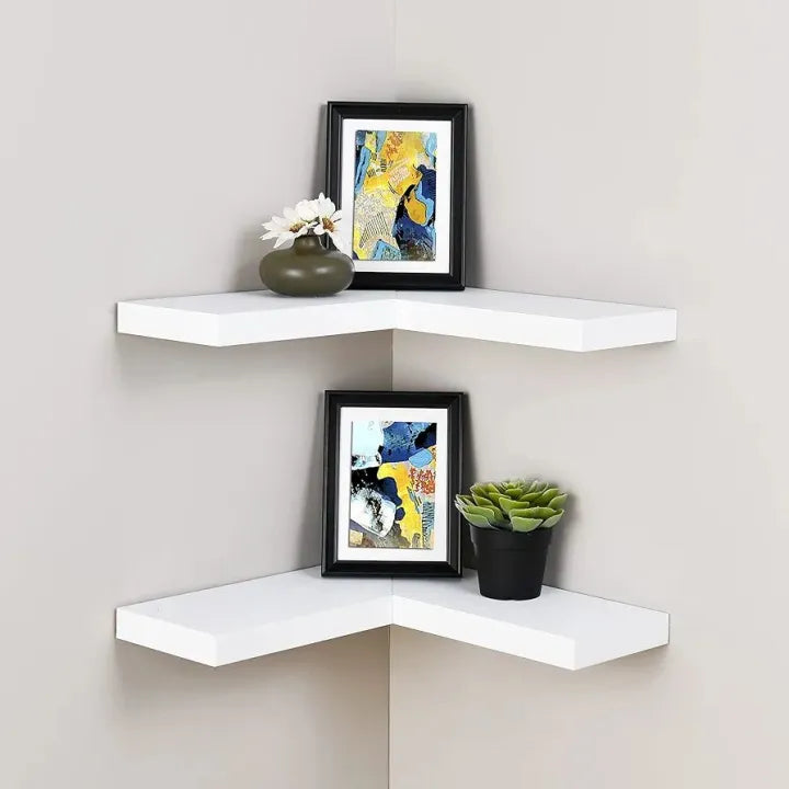 Woodpoint3, Floating Corner Shelf Set of 2, White Wall Mounted Display Woodpoint3, Shelf with Concealed Hardware for Bedroom, Kids Room, Living Room, Bathroom and Kitchen
