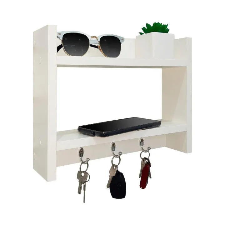 Woodpoint3, Wall mounted keychain holder,  with shelves for wallet, glasses and decoration figurines