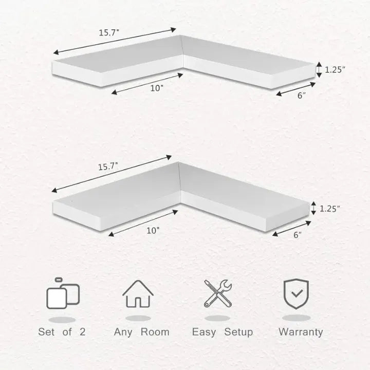 Woodpoint3, Floating Corner Shelf Set of 2, White Wall Mounted Display Woodpoint3, Shelf with Concealed Hardware for Bedroom, Kids Room, Living Room, Bathroom and Kitchen