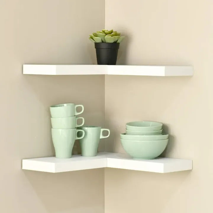 Woodpoint3, Floating Corner Shelf Set of 2, White Wall Mounted Display Woodpoint3, Shelf with Concealed Hardware for Bedroom, Kids Room, Living Room, Bathroom and Kitchen