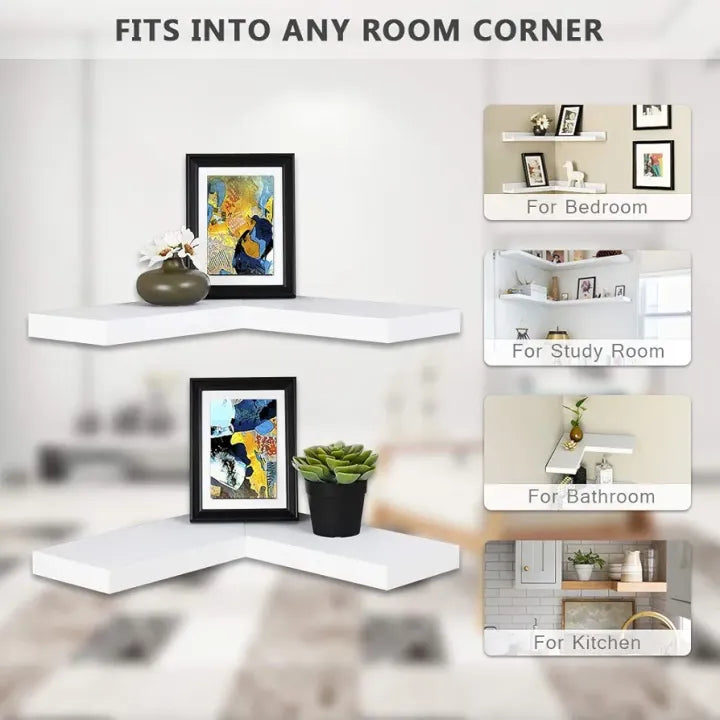 Woodpoint3, Floating Corner Shelf Set of 2, White Wall Mounted Display Woodpoint3, Shelf with Concealed Hardware for Bedroom, Kids Room, Living Room, Bathroom and Kitchen