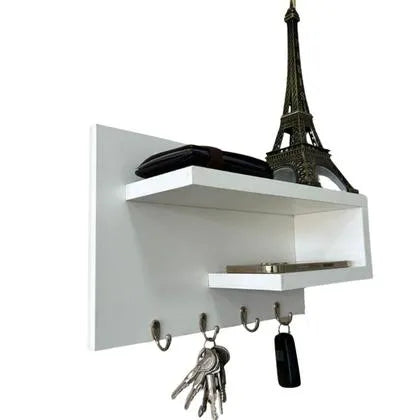 Woodpoint3, wall mounted keychain holder ,with shelves for mobile and decoration figurines