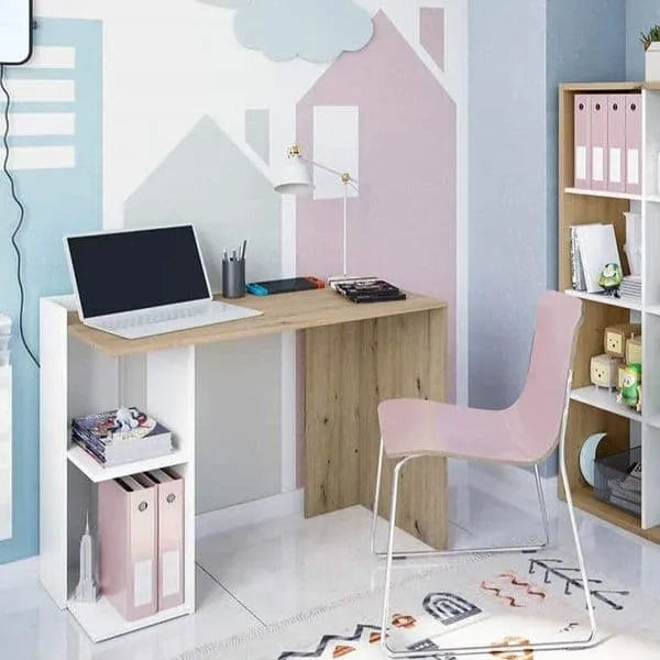Woodpoint3, White and Oak Small Compact Computer Desk with Storage