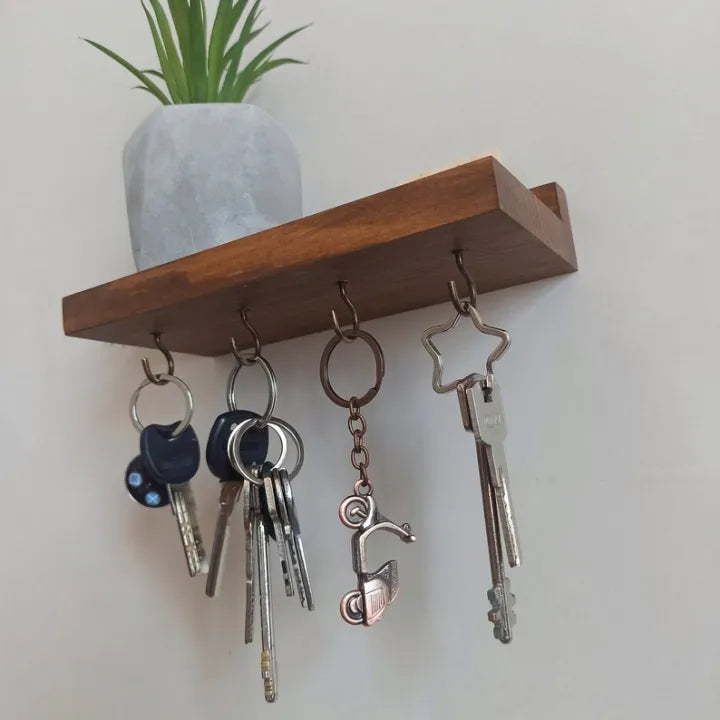 Woodpont3, Floating Wooden Shelf with Key Hooks | Wall Key Holder | Entryway Shelf | Housewaming gift