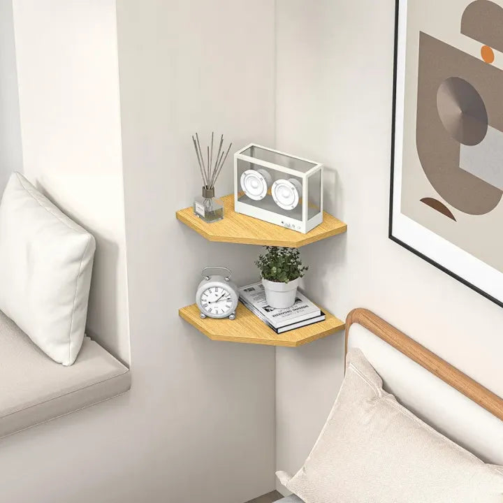 Woodpoint3, Corner Shelf Wall Mount, Corner Floating Shelves, Set of 2 Corner Wall Shelf Organizer, Rustic Wood Wall Storage Display Shelves for Living Room Bedroom Bathroom Kitchen, Rustic White