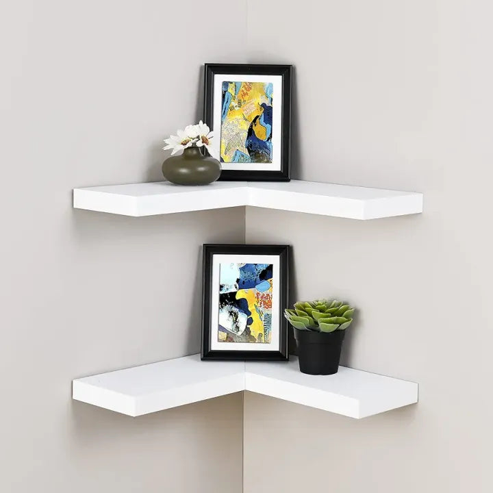 Woodpoint3, Floating Corner Shelf Set of 2, White Wall Mounted Display Woodpoint3, Shelf with Concealed Hardware for Bedroom, Kids Room, Living Room, Bathroom and Kitchen