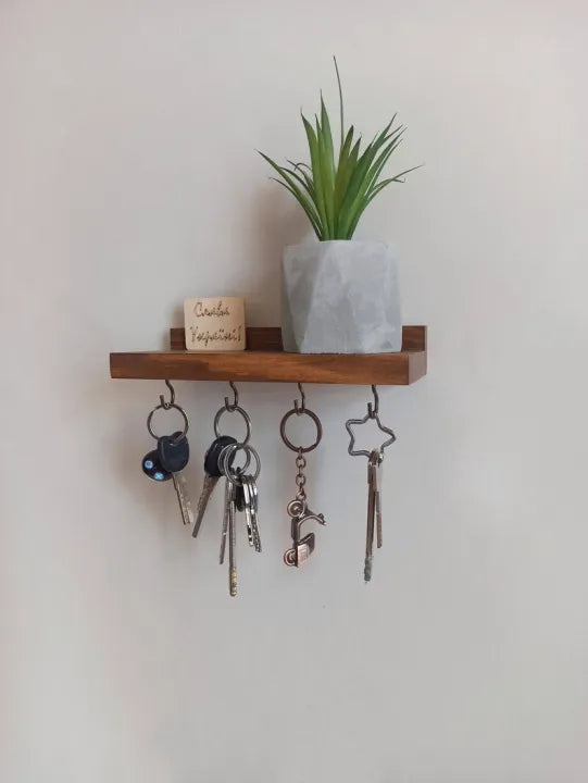 Woodpont3, Floating Wooden Shelf with Key Hooks | Wall Key Holder | Entryway Shelf | Housewaming gift