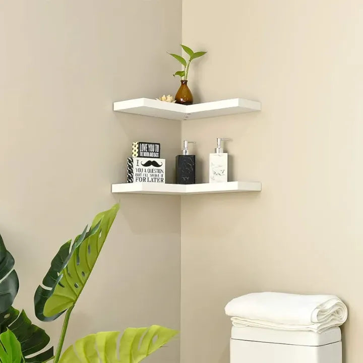 Woodpoint3, Floating Corner Shelf Set of 2, White Wall Mounted Display Woodpoint3, Shelf with Concealed Hardware for Bedroom, Kids Room, Living Room, Bathroom and Kitchen