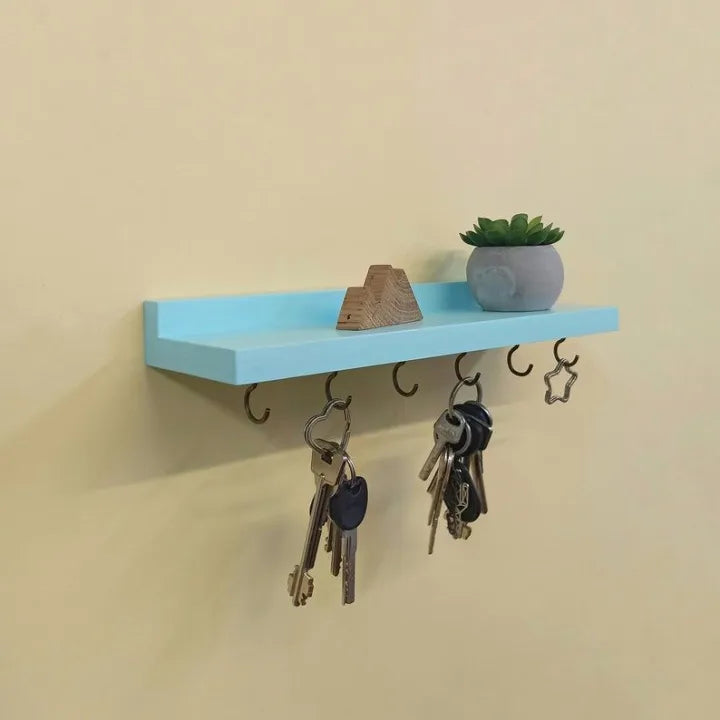 Woodpont3, Floating Wooden Shelf with Key Hooks | Wall Key Holder | Entryway Shelf | Housewaming gift