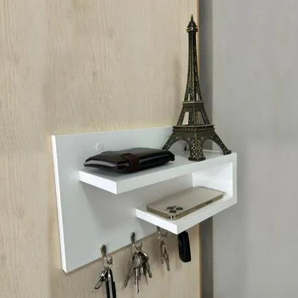 Woodpoint3, wall mounted keychain holder ,with shelves for mobile and decoration figurines