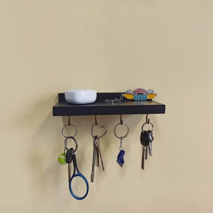 Woodpont3, Floating Wooden Shelf with Key Hooks | Wall Key Holder | Entryway Shelf | Housewaming gift
