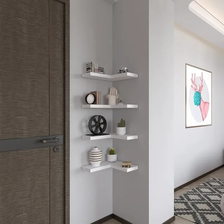 Woodpoint3, Floating Corner Shelf Set of 2, White Wall Mounted Display Woodpoint3, Shelf with Concealed Hardware for Bedroom, Kids Room, Living Room, Bathroom and Kitchen