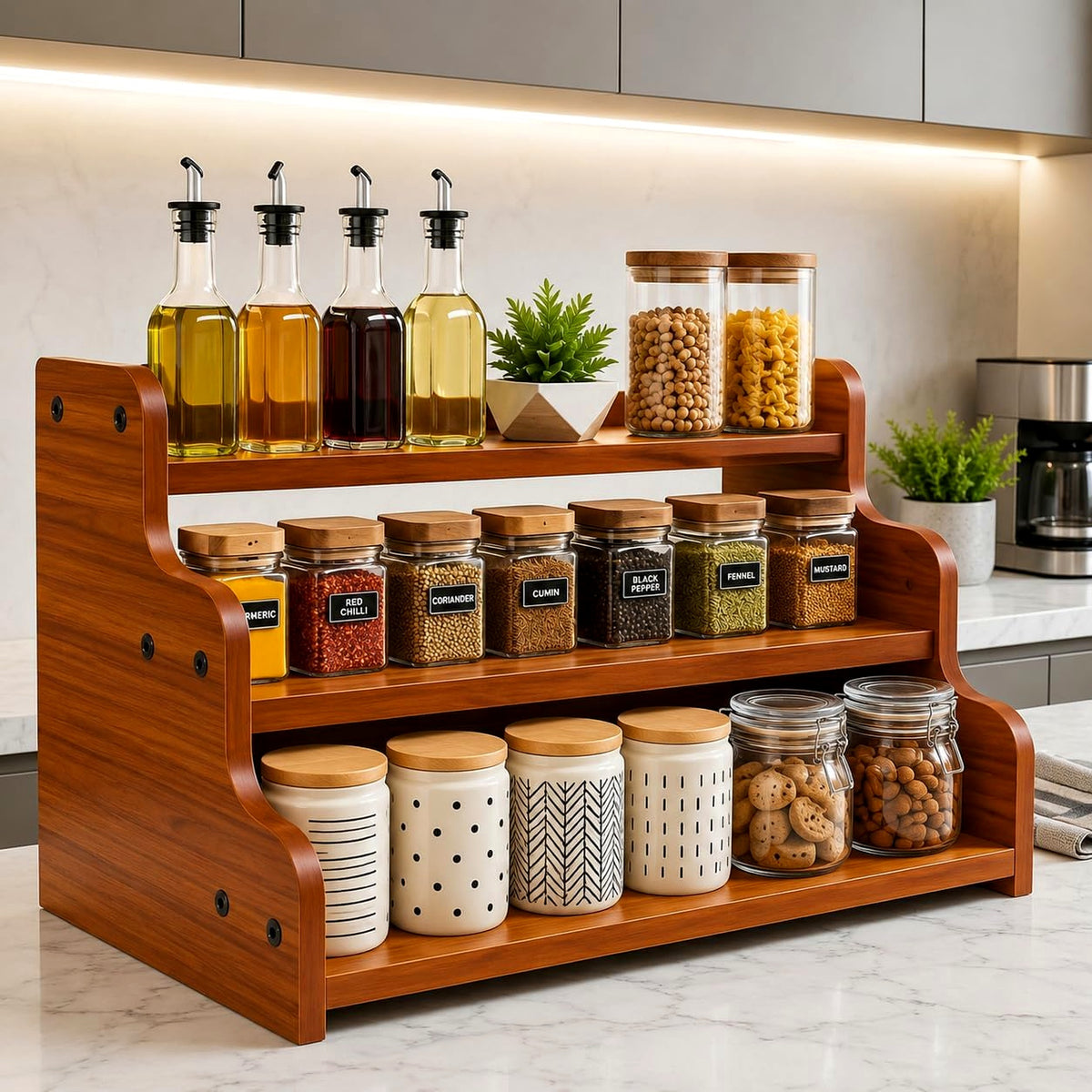 Woodpoint3, Wooden 3-Tier Spice Rack Organizer Countertop Step Shelf, For Kitchen Pantry Cabinets, Seasoning Jars, Baking Supplies